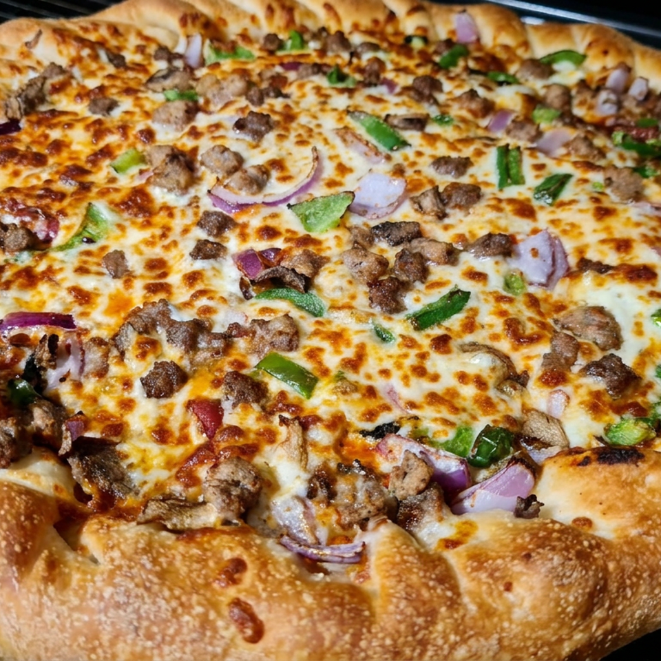 Large golden-crusted pizza topped with melted cheese, diced beef, green peppers, and red onions on a cooling rack.