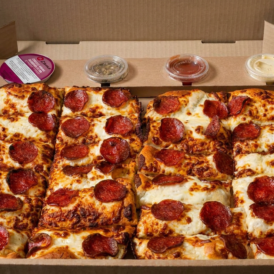 Open pizza box filled with rectangular pepperoni pizza slices, accompanied by three dipping sauces and a seasoning cup.