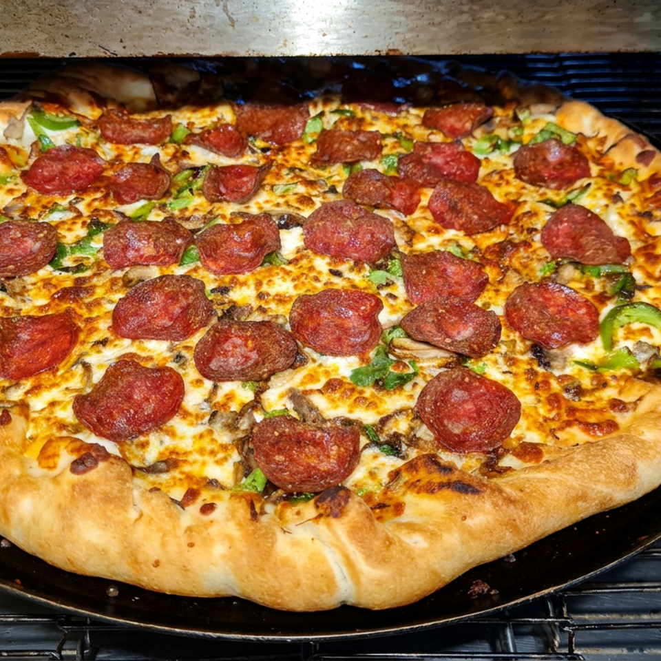 Freshly baked pepperoni pizza with green peppers and mushrooms on a black pan inside a commercial oven.
