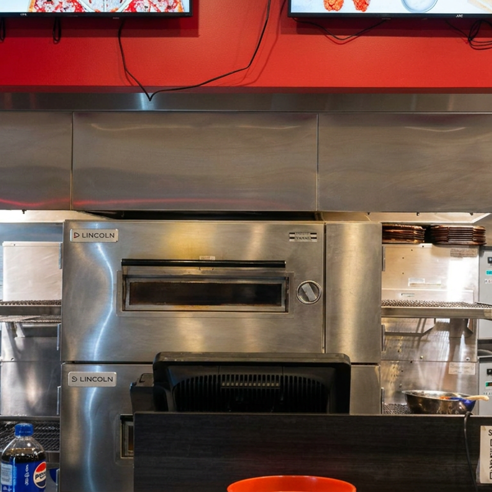 Stainless-steel conveyor ovens and kitchen equipment beneath digital menu screens in a restaurant kitchen.