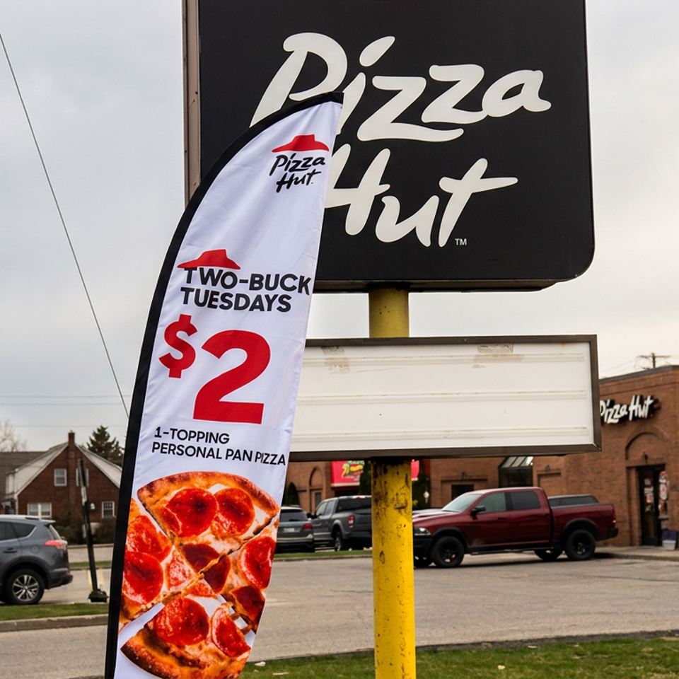 Pizza Hut restaurant exterior with a Two-Buck Tuesday $2 personal pan pizza promotional banner and parked vehicles.