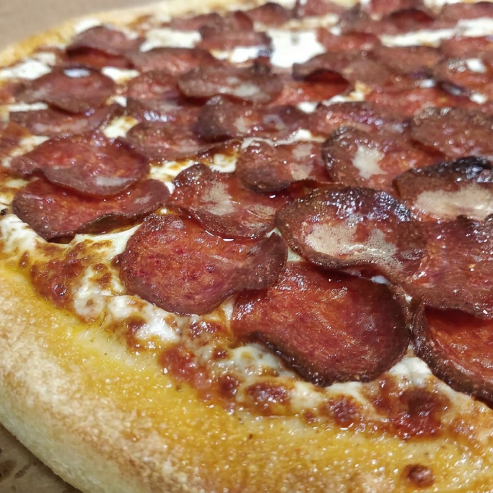 Close-up of a pepperoni pizza with melted cheese, browned toppings, and a thick golden crust.