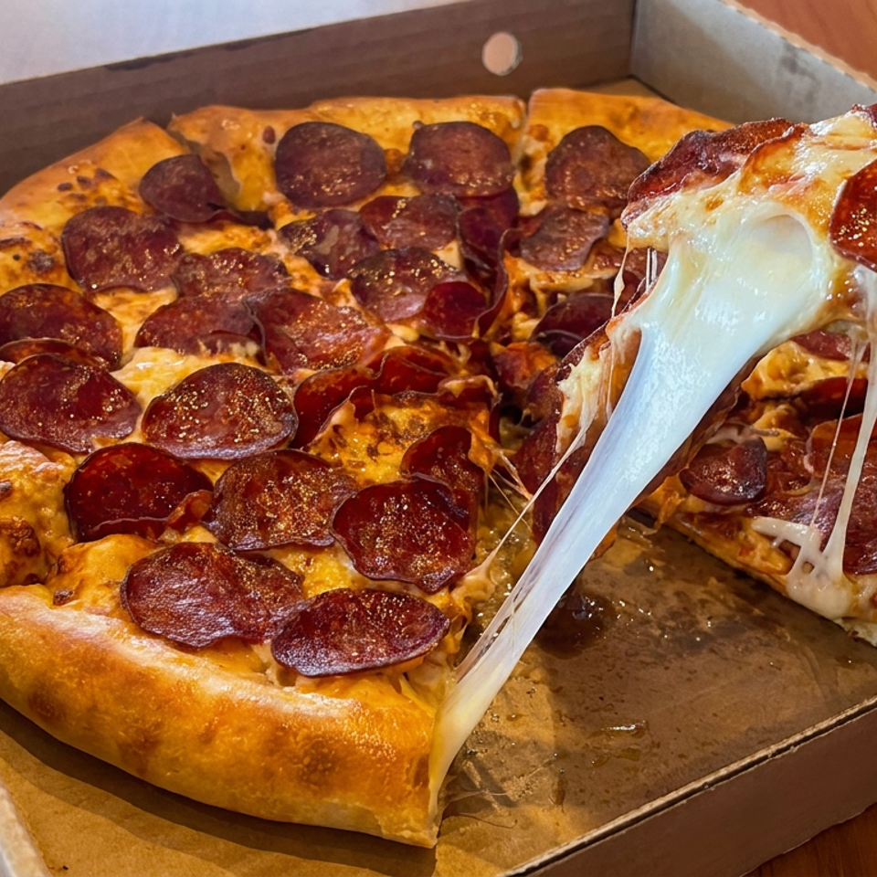 Pepperoni pizza in a cardboard box, with a lifted slice stretching melted mozzarella cheese.