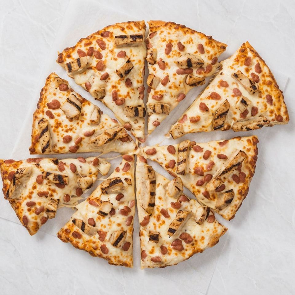 Overhead view of a sliced cheese pizza topped with pepperoni and grilled chicken pieces on white paper.