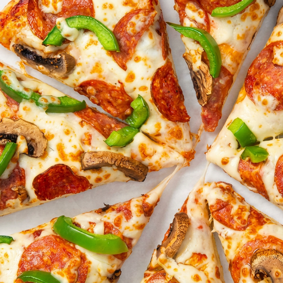 Sliced pepperoni pizza topped with melted cheese, green peppers, and mushrooms arranged on a white surface.