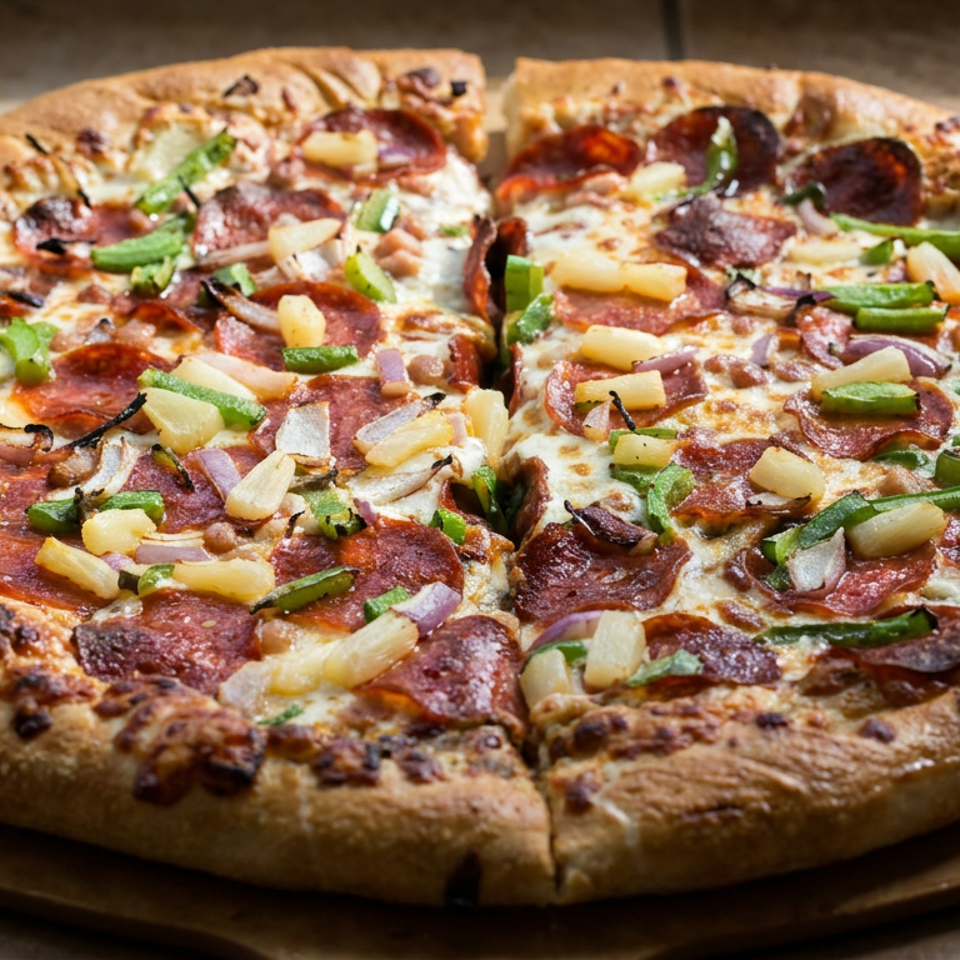 Large sliced pizza topped with pepperoni, pineapple, green peppers, onions, mushrooms, and melted cheese on a wooden board.