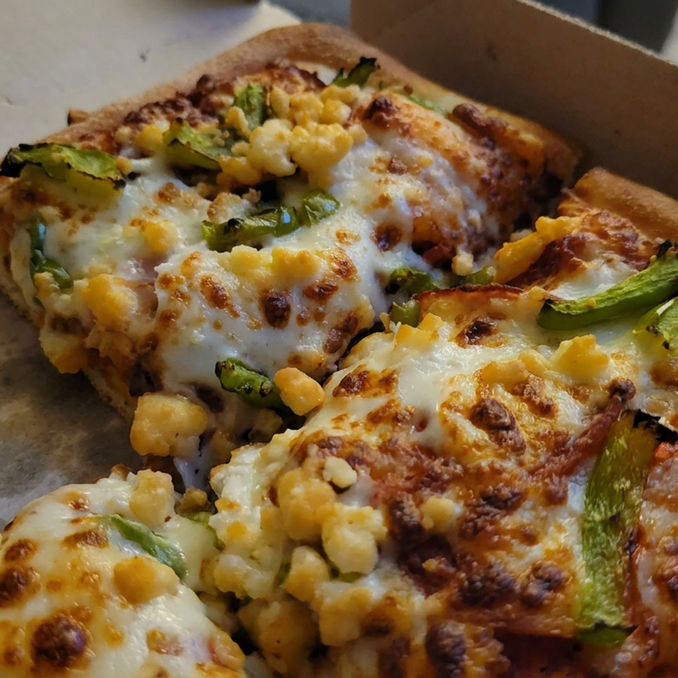 Close-up of cheesy pizza slices topped with corn and green peppers in a cardboard delivery box.