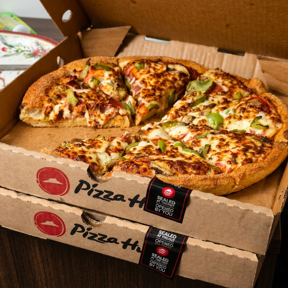 Open Pizza Hut box containing sliced cheese pizza topped with green peppers, stacked on another box beside a soda can.