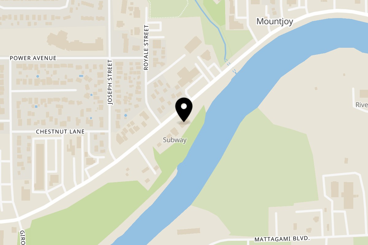 Map showing the location of Pizza Hut Timmins on 977 Riverside Drive in Timmins